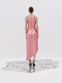Pink Sequined Halter Dress with a Front Zipper