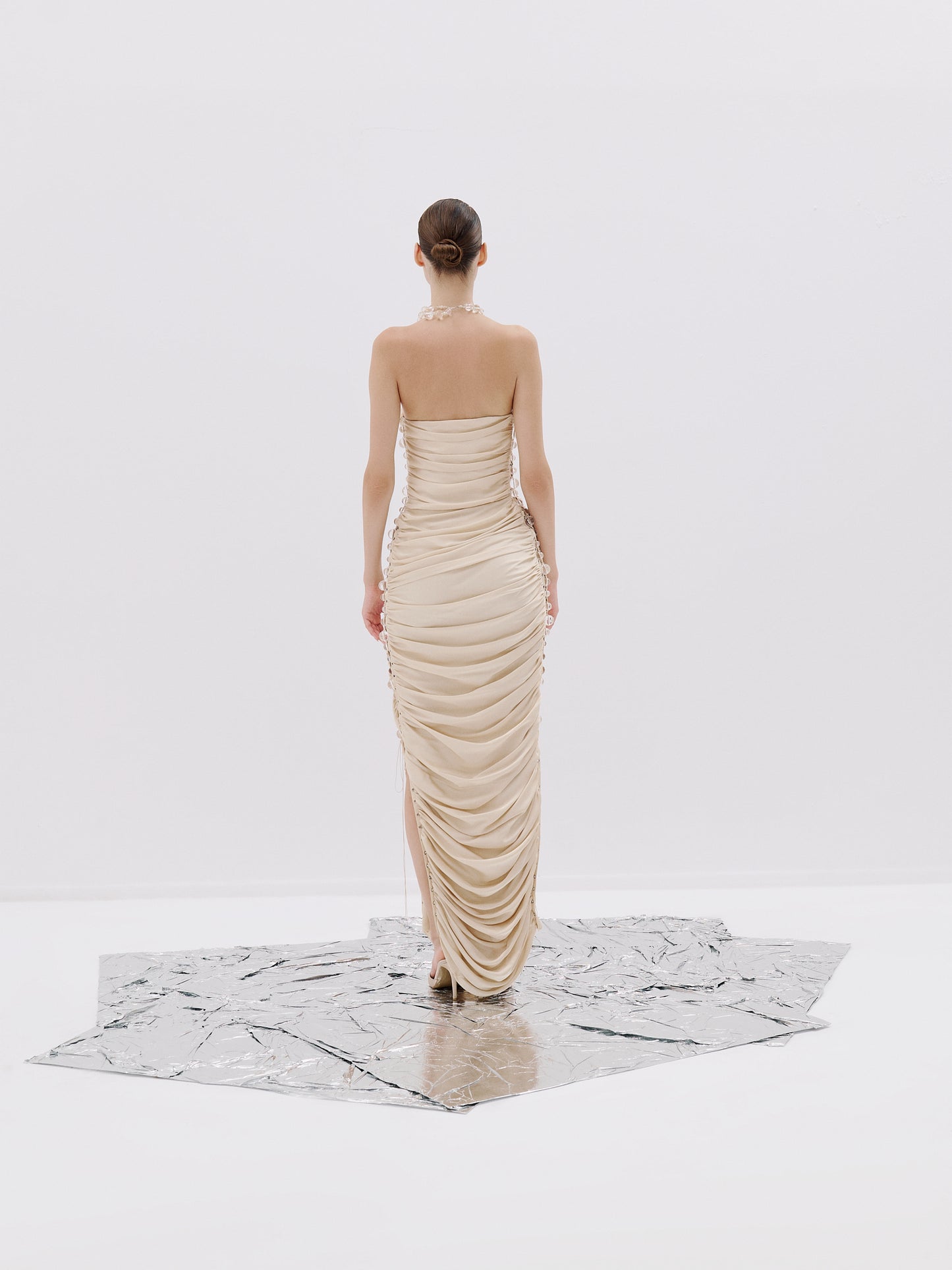 Beige Lace-Up Ruched Gown