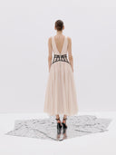 Beige Midi Dress with Black Corset Waist
