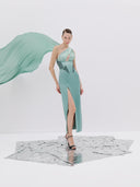 One Shoulder Gown with Corset Bodice and High Slit