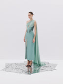 One Shoulder Gown with Corset Bodice and High Slit