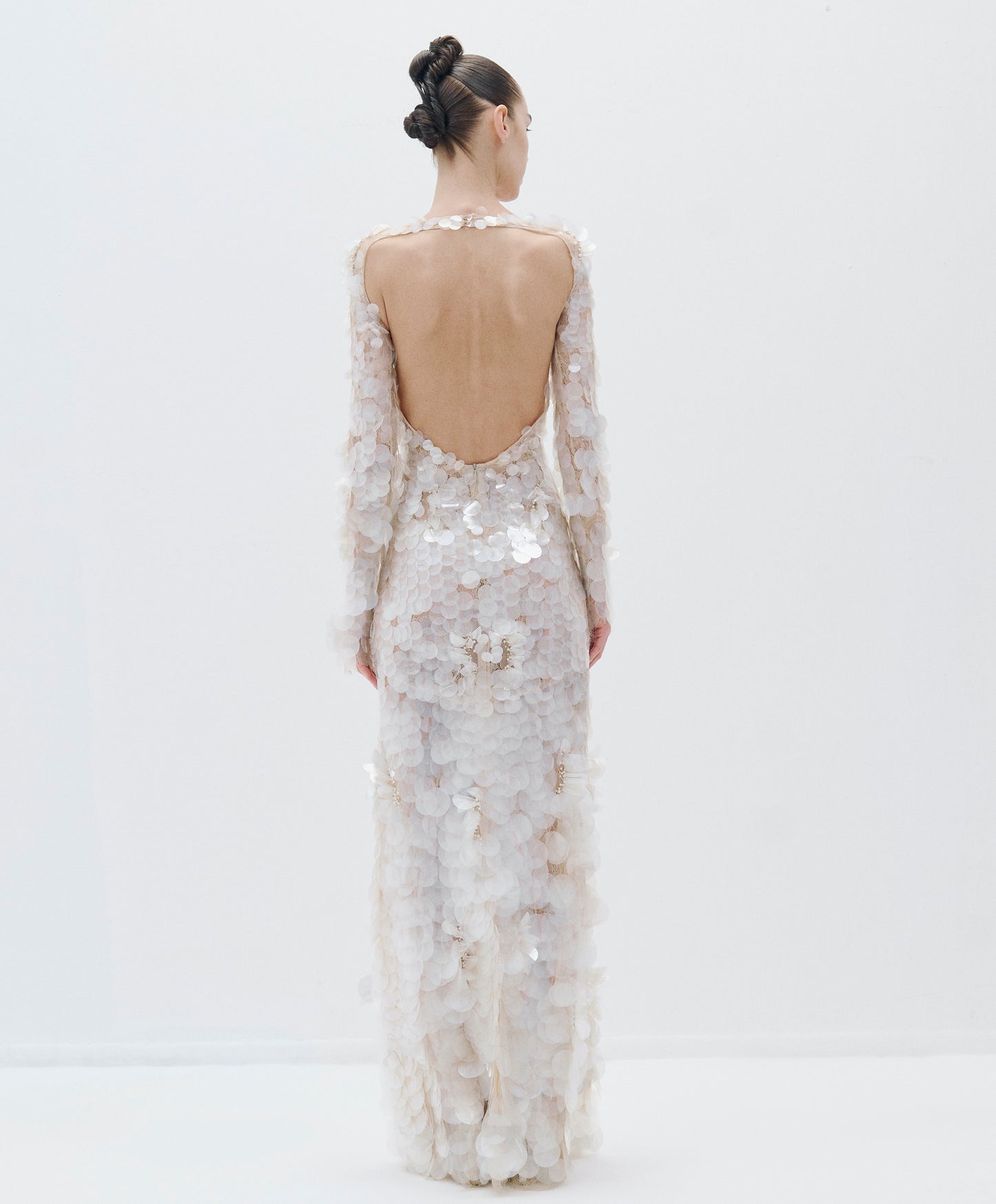 Sequined Sheer Gown with Lace-Up Detail