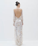 Sequined Sheer Gown with Lace-Up Detail