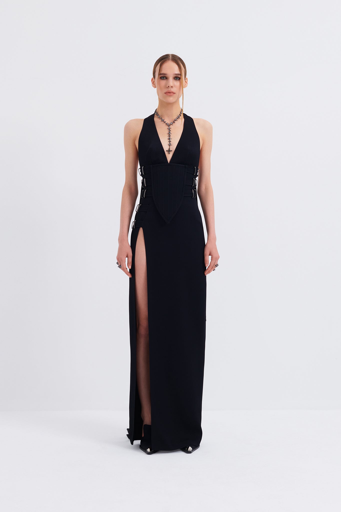 Corseted Halter V-Neck Maxi Dress