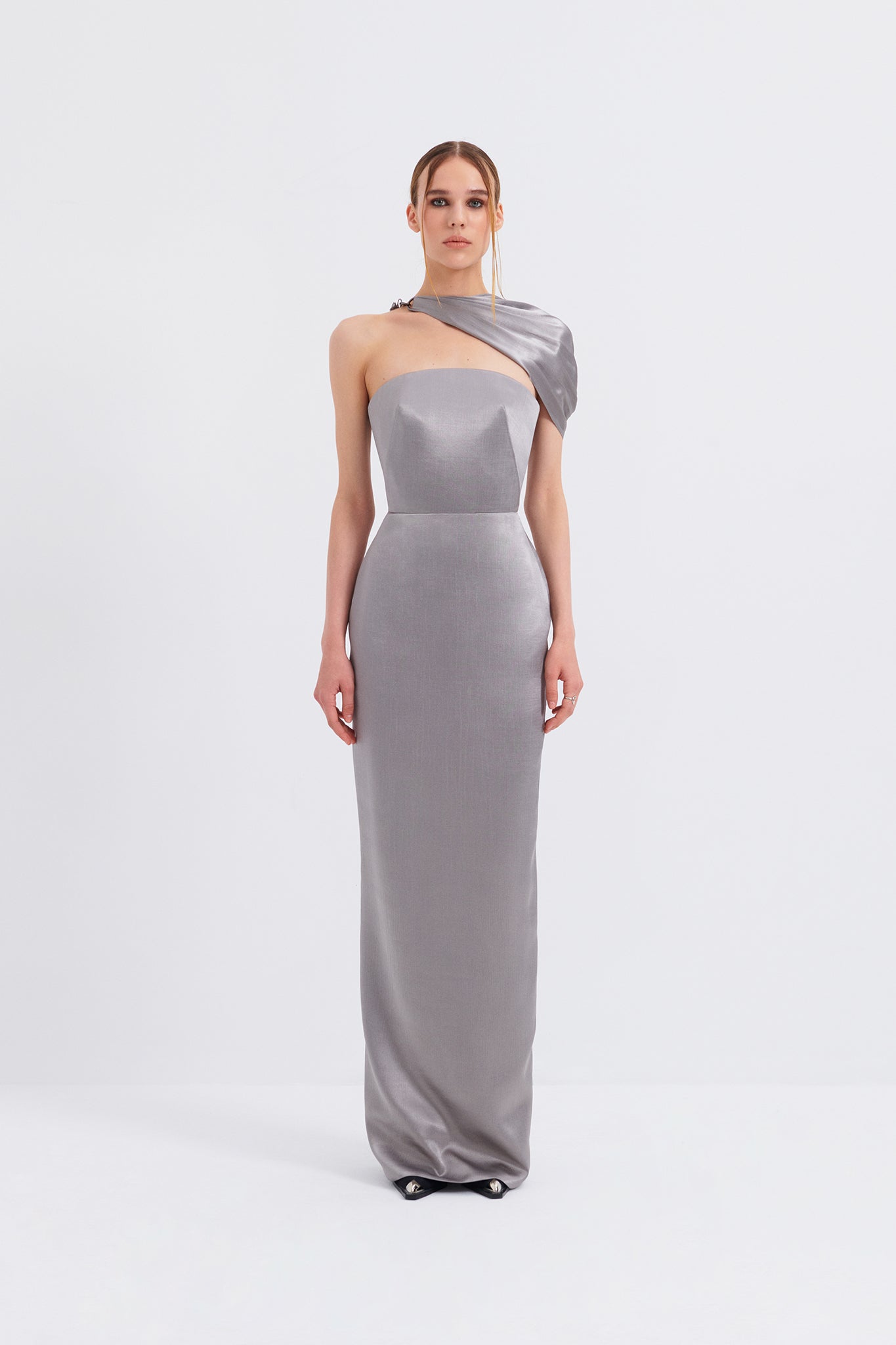 Silver Metallic Off-The-Shoulder Gown – tayfunkaba