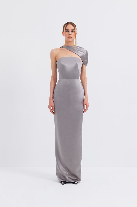 Silver Metallic Off-The-Shoulder Gown