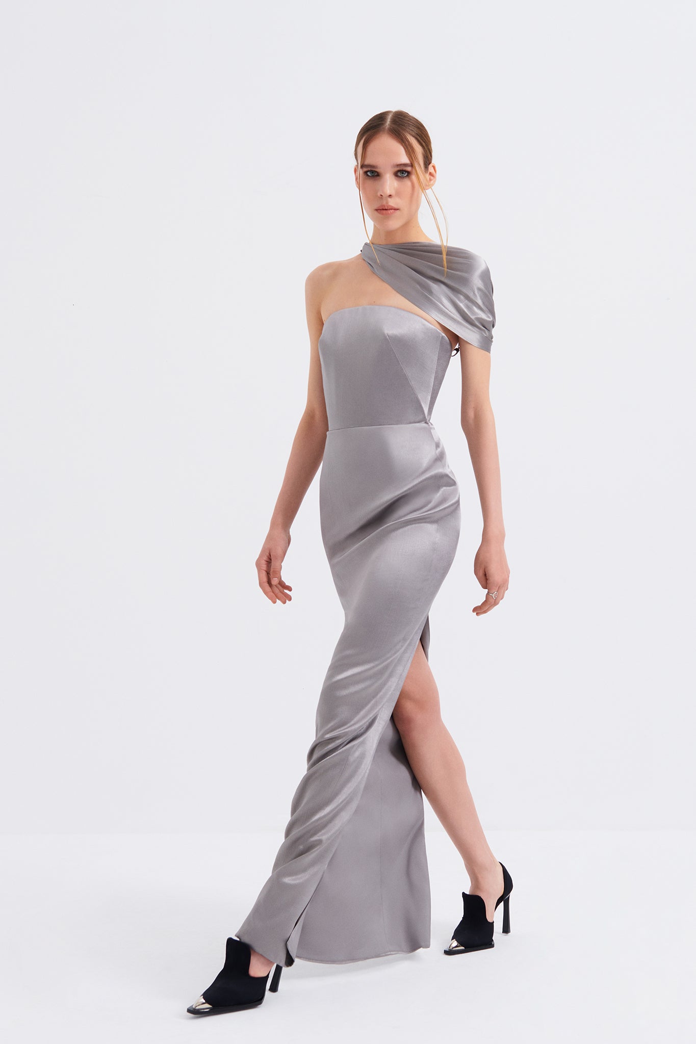 Silver Metallic Off-The-Shoulder Gown